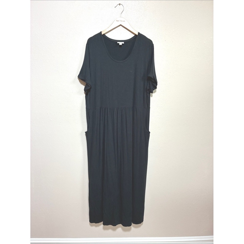 J. Jill Black Size 2X Short Sleeve Gathered Waist Knit Midi Dress with Pockets C